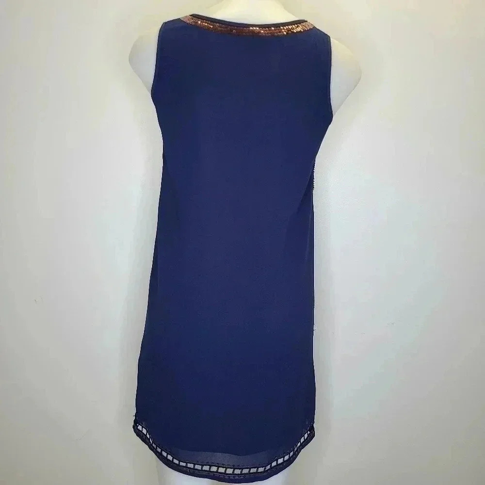 Alga Francescas Navy Blue Silver Bronze Sequin Beaded Art Deco Shift Dress Small - Picture 10 of 14